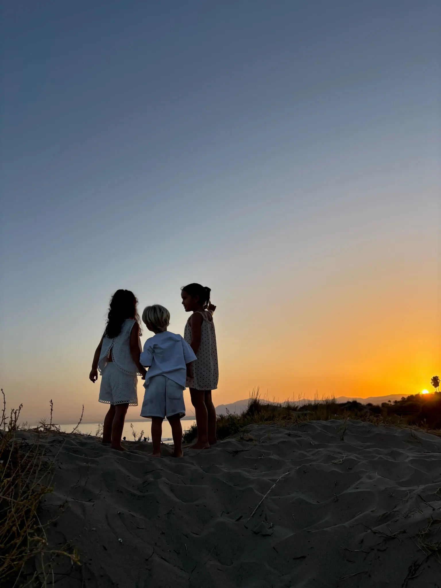 Three children on a dune at sunset.