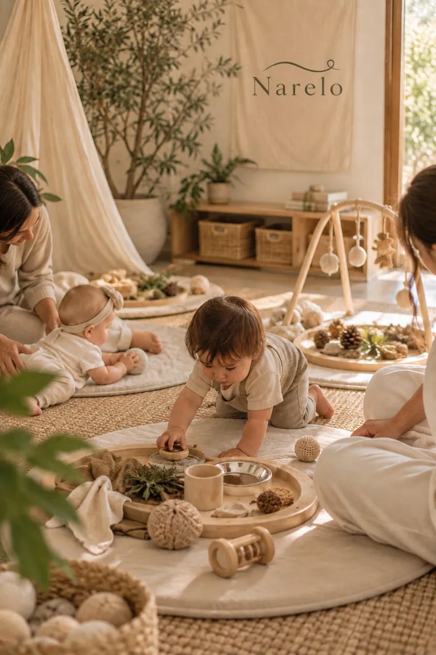 Babies and parents exploring natural materials together in the Narelo home.